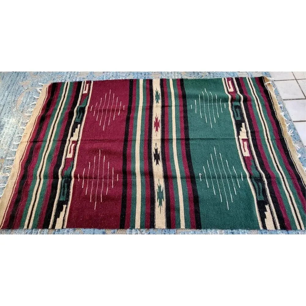 Vintage Southwestern Serape Blanket Rug Fringe Boho Tribal Throw Decor - 2